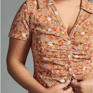 Anthropologie Maeve Ruched Shirt 3x Orange and White Floral Button-Down Shirt